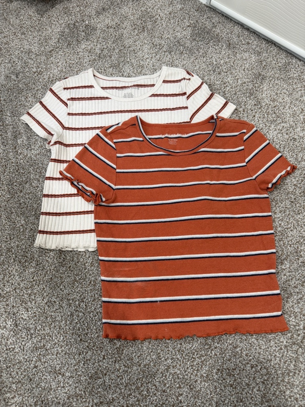 Striped Ribbed Short-Sleeve Top - Rust and Cream